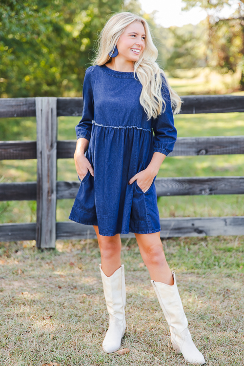 Fray Babydoll Denim Dress, Dark