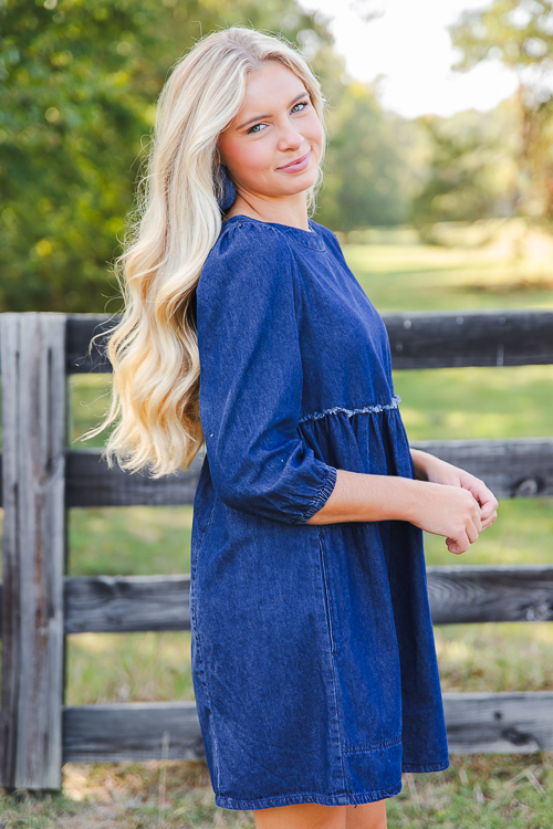 Fray Babydoll Denim Dress, Dark