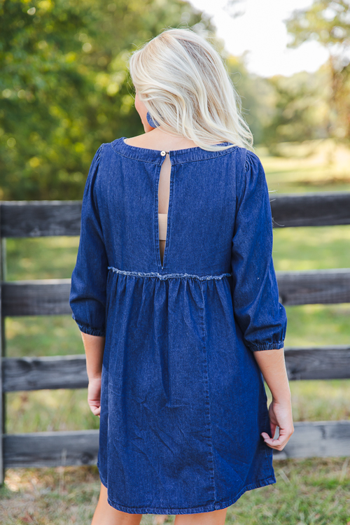 Fray Babydoll Denim Dress, Dark