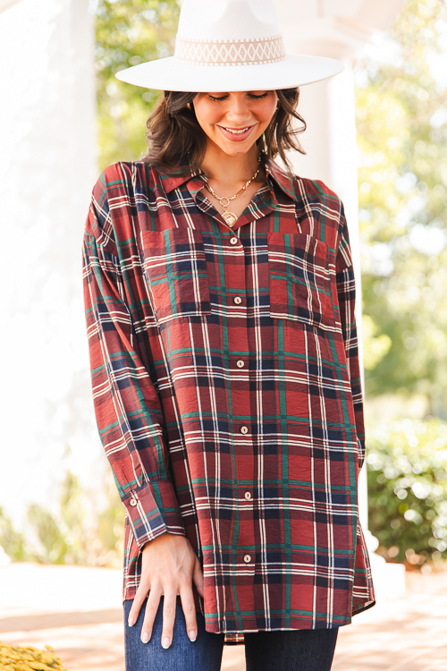 Plaid Tunic Shirt, Burgundy