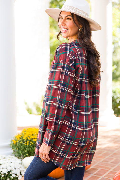 Plaid Tunic Shirt, Burgundy