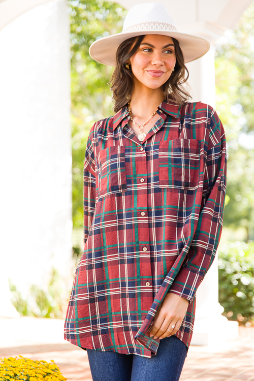 Plaid Tunic Shirt, Burgundy