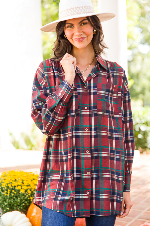 Plaid Tunic Shirt, Burgundy