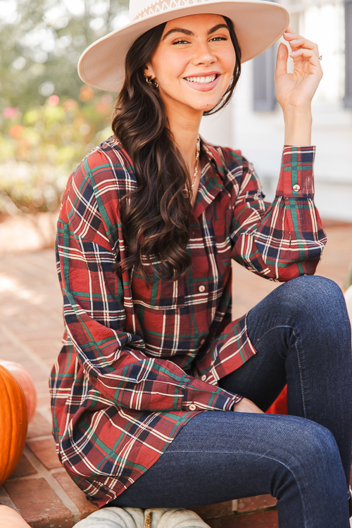 Plaid Tunic Shirt, Burgundy