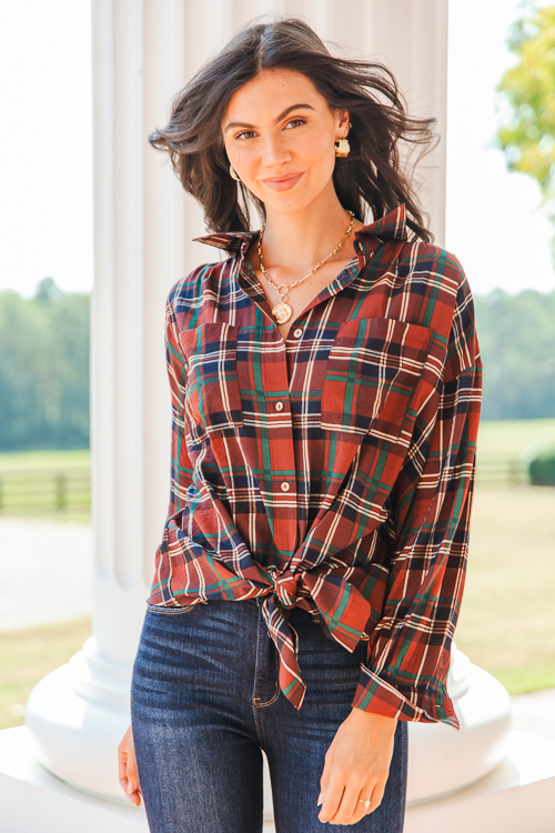 Plaid Tunic Shirt, Burgundy