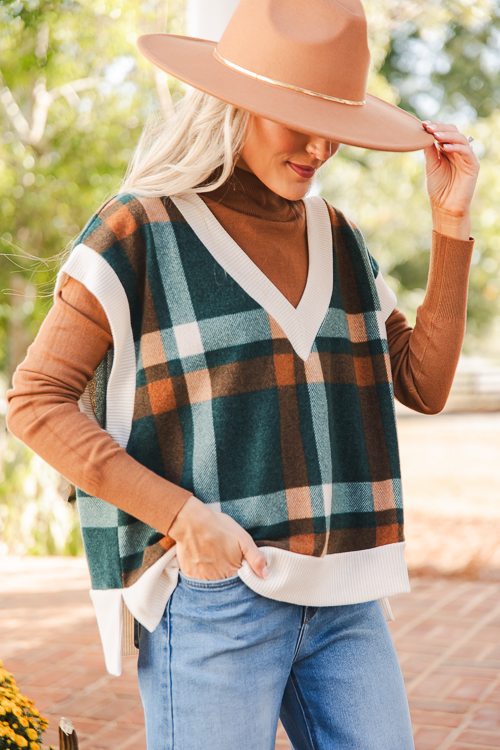 Plaid V-Neck Top, Hunter Green