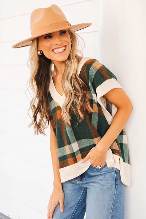 Plaid V-Neck Top, Hunter Green