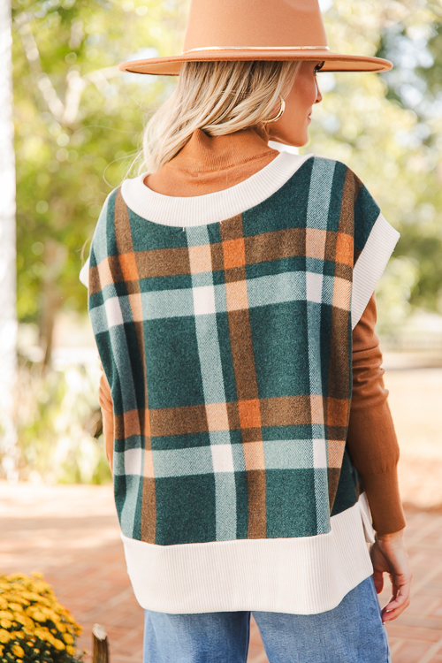 Plaid V-Neck Top, Hunter Green