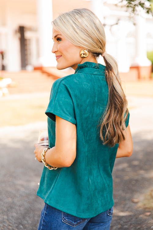Ruffle Neck Suede Top, Teal