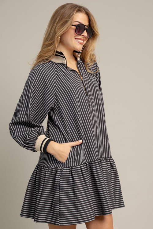 Stripe Contrast Zip Dress, Black