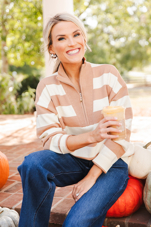 Zip Stripe Sweater, Taupe/Cream