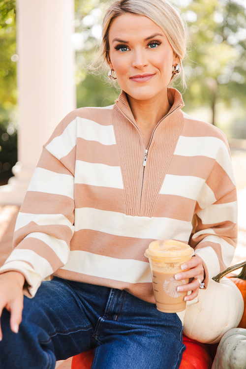 Zip Stripe Sweater, Taupe/Cream