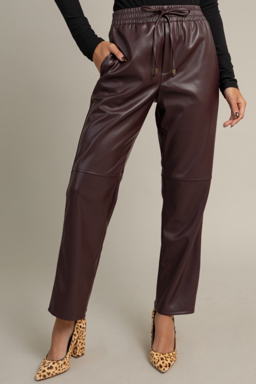 Pull-On Leather Pants, Maroon