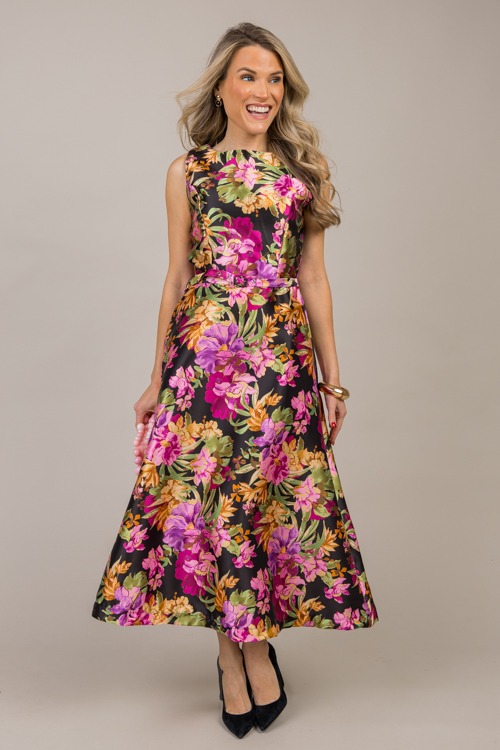 Boat Neck Floral Belted Midi