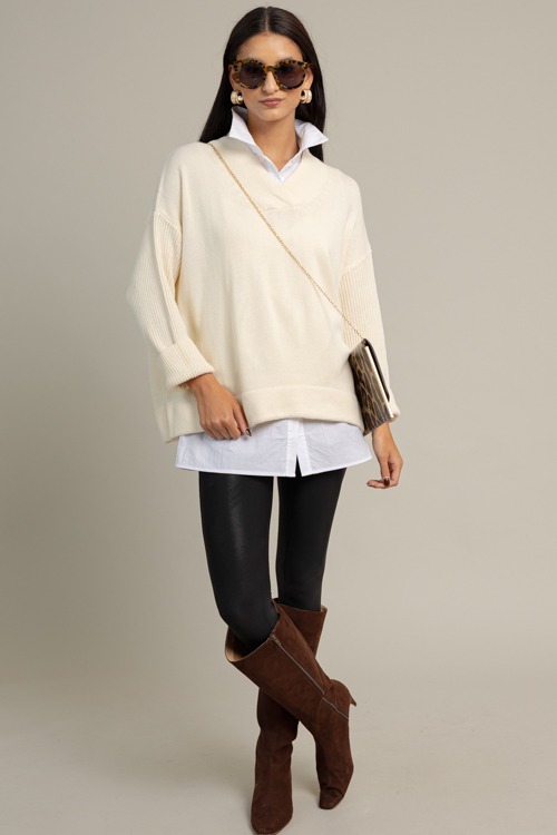 Relaxed V-Neck Sweater, Cream