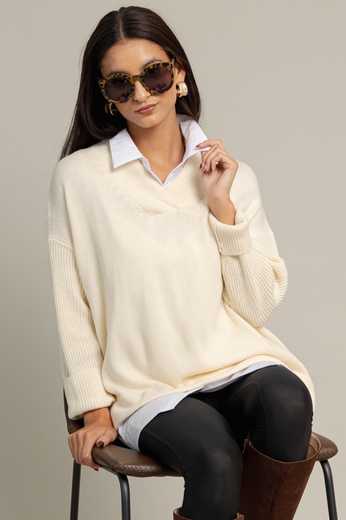 Relaxed V-Neck Sweater, Cream - 1015-116.jpg