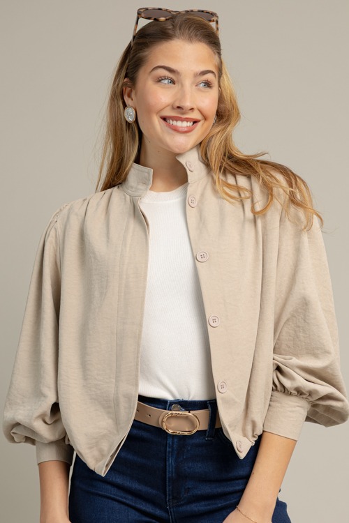 Bubble Hem Button Jacket, Taupe