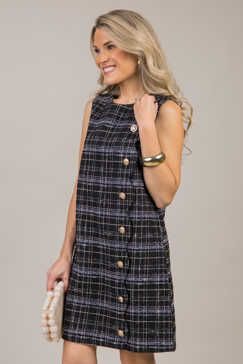 Tweed Scallop Button Dress, Black