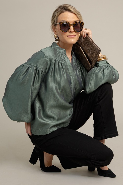 Metallic Balloon Sleeve Top, Green