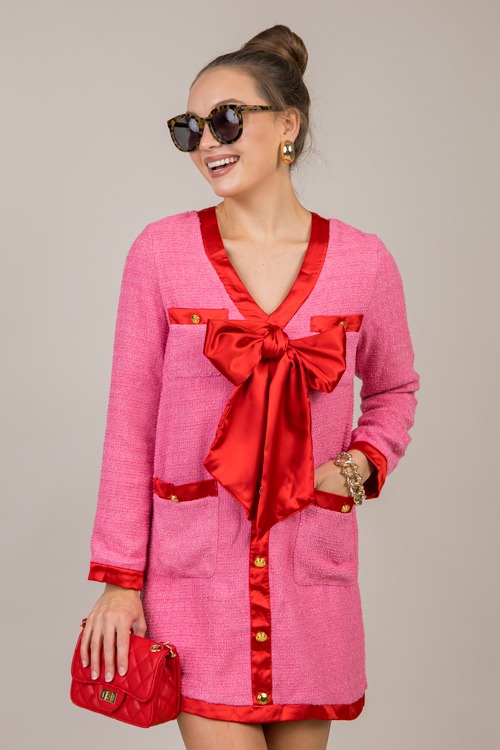 Satin Trim Tweed Dress, Pink