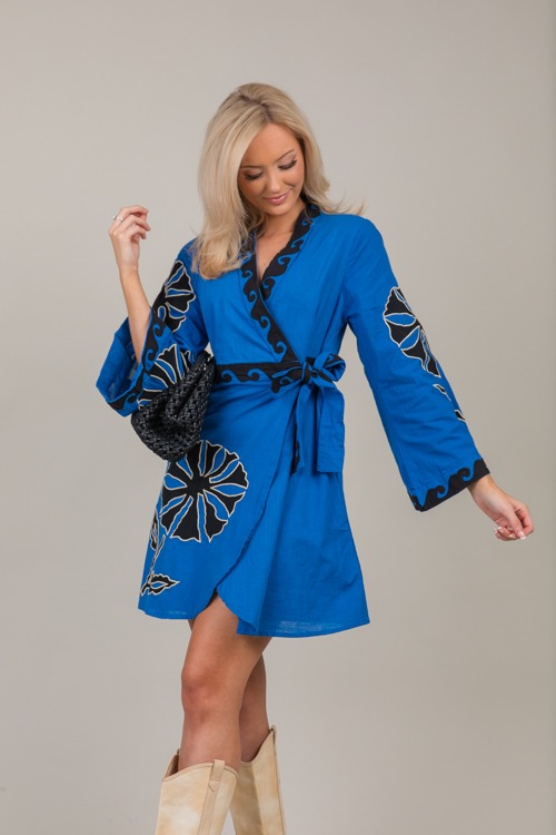 Embroidery Wrap Dress, Blue