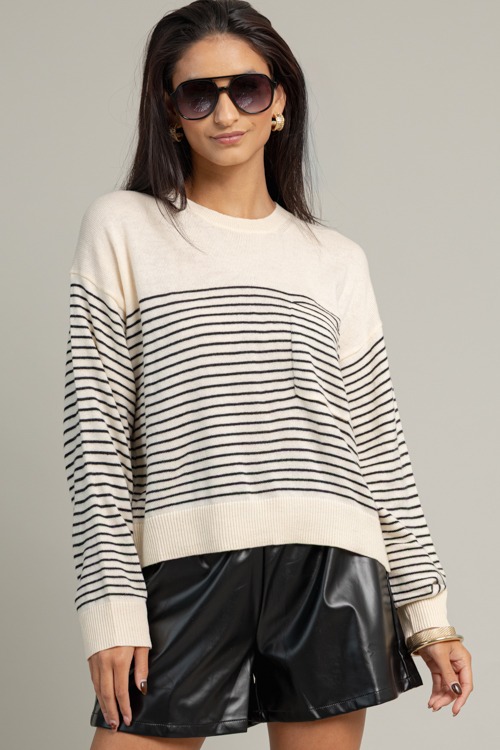 Striped Pocket Sweater, Cream/Black