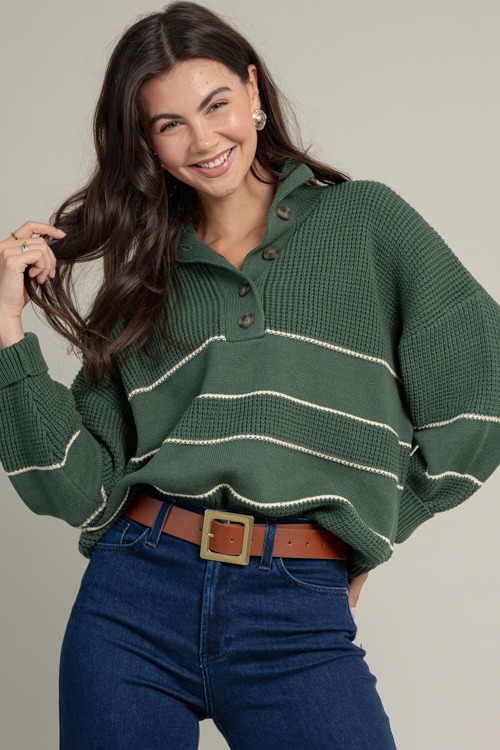 Half Button Stripe Sweater, Green