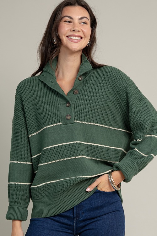 Half Button Stripe Sweater, Green - 1016-130h.jpg