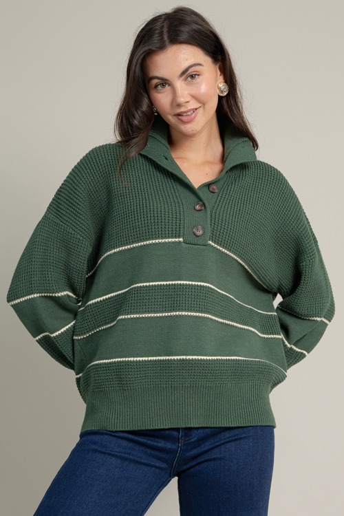 Half Button Stripe Sweater, Green - 1016-132.jpg