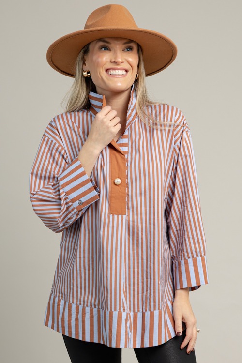 Pearl Button Stripe Top, Brown