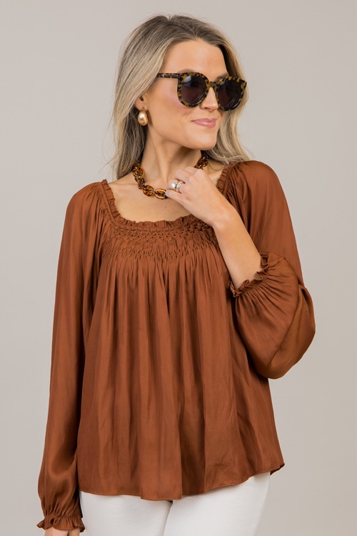 Smock Detail Satin Top, Brick