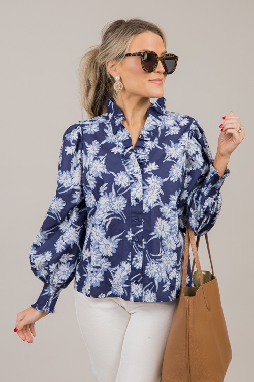 Ruffle Neck Button Top, Navy Floral