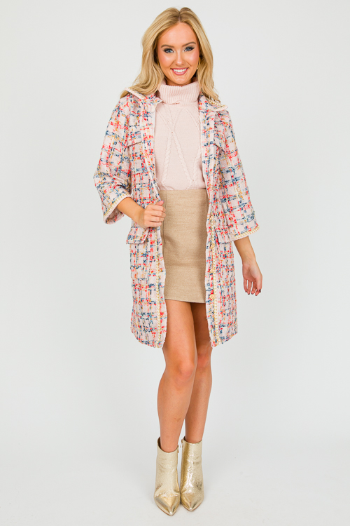 Tweed Belted Shirt Dress, Pink - New Arrivals - The Blue Door Boutique