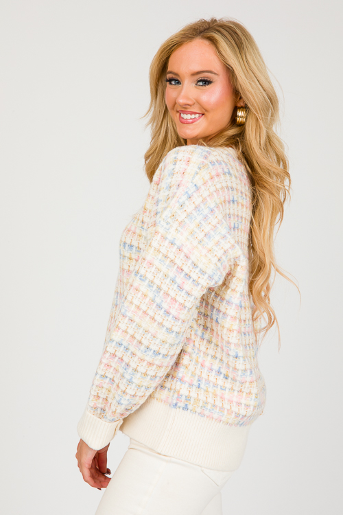 Tweed Metallic Sweater, Ivory Multi