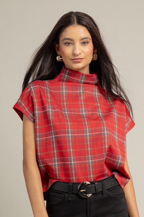 Plaid Mock Neck Top, Red