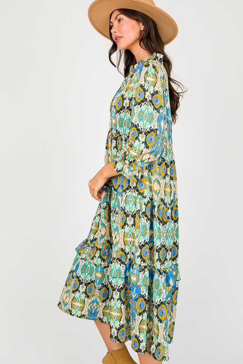 Ikat Tiered Midi, Blue Mix