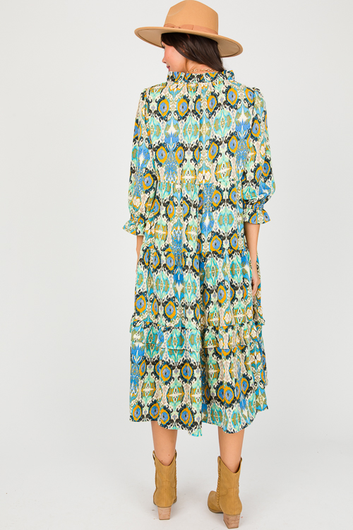 Ikat Tiered Midi, Blue Mix