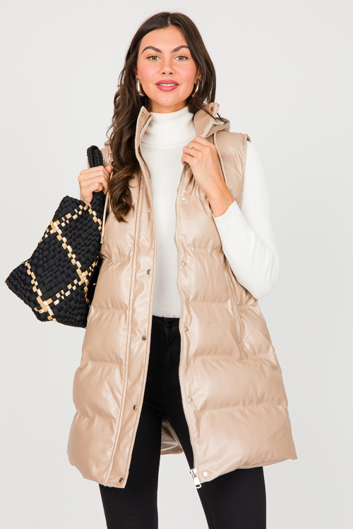 Long Leather Puff Vest, Taupe