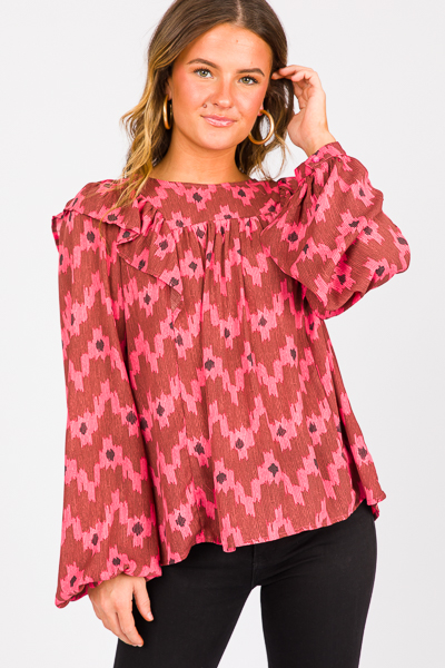 Ikat Ruffle Blouse, Ruby