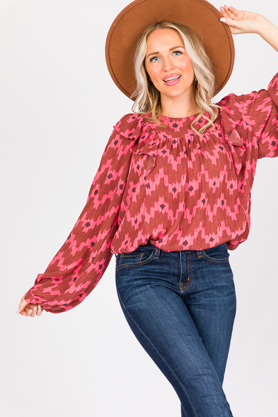 Ikat Ruffle Blouse, Ruby