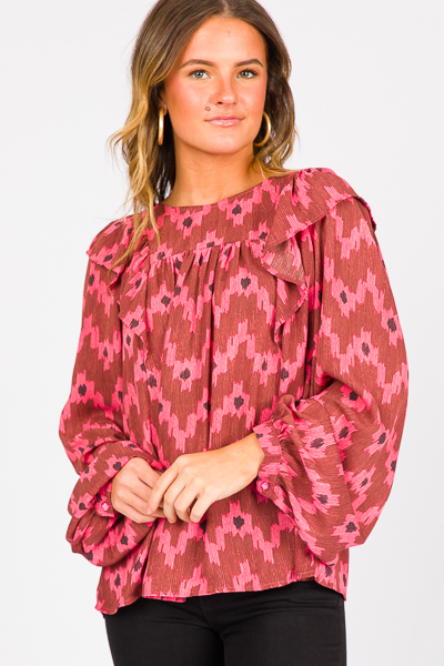 Ikat Ruffle Blouse, Ruby