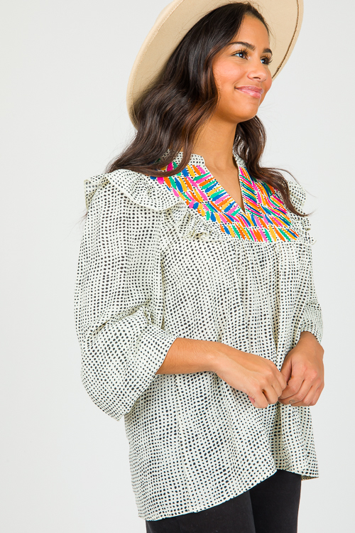 Embroidery Spotted Blouse, White