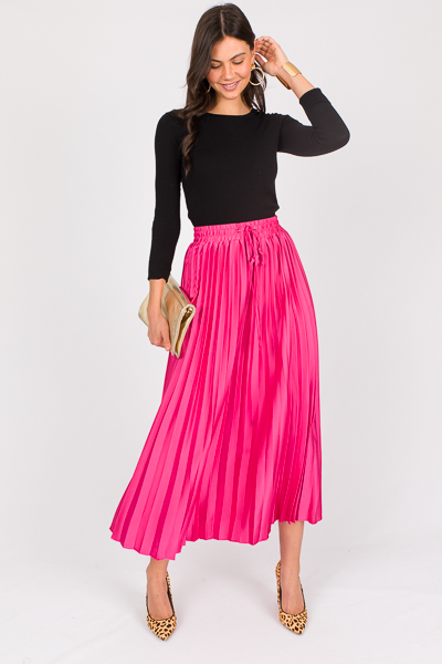 Satin Pleated Maxi Skirt, Hot Pink