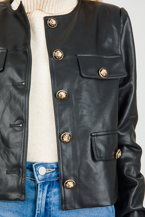 Chic Button Leather Jacket, Black