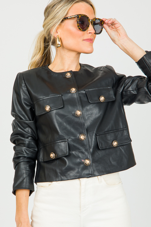 Chic Button Leather Jacket, Black