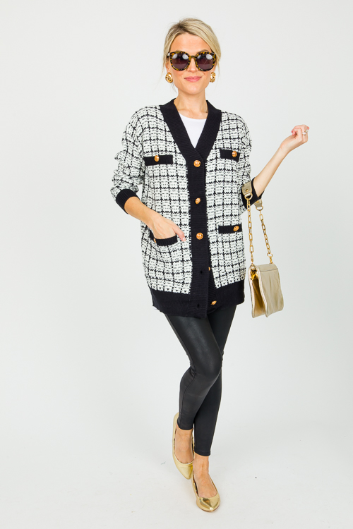 Gold Button Tweed Cardigan, Black