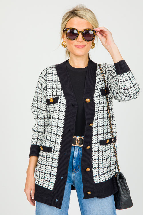 Gold Button Tweed Cardigan, Black