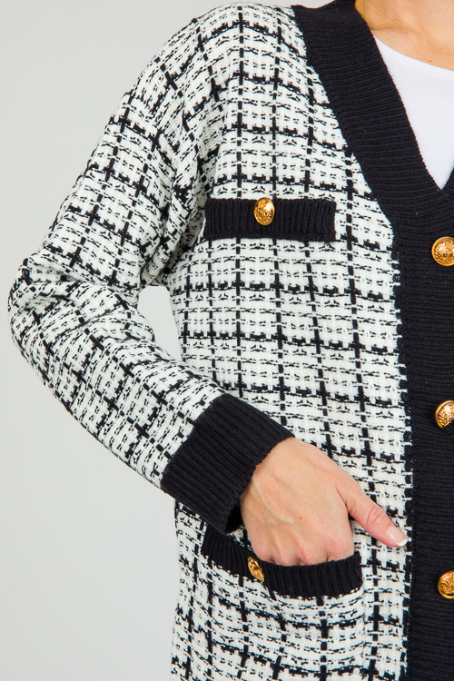 Gold Button Tweed Cardigan, Black - New Arrivals - The Blue Door 