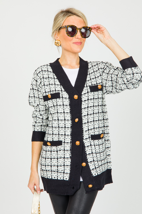 Gold Button Tweed Cardigan, Black