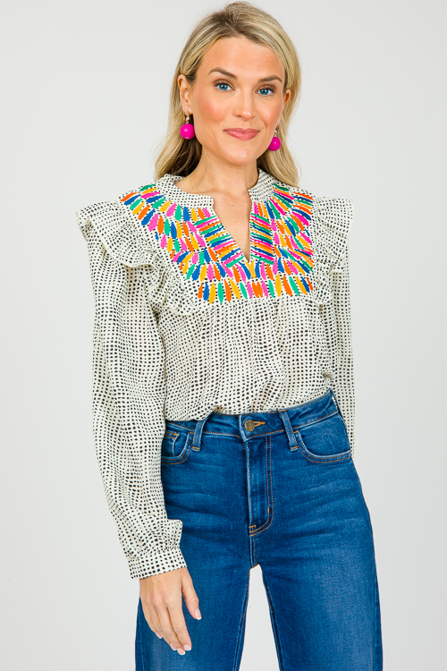 Embroidery Spotted Blouse, White